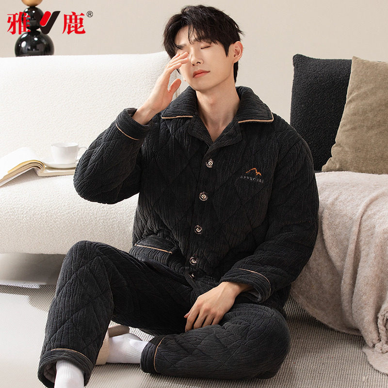雅鹿珊瑚绒夹棉睡衣男士冬季三层加厚加绒2025年新款家居服秋冬天,淘宝优惠券,粉丝福利购,淘宝优惠卷