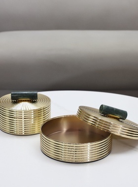 现代简约欧式轻奢玉石金属圆形首饰盒收纳盒摆件样板房饰品摆件