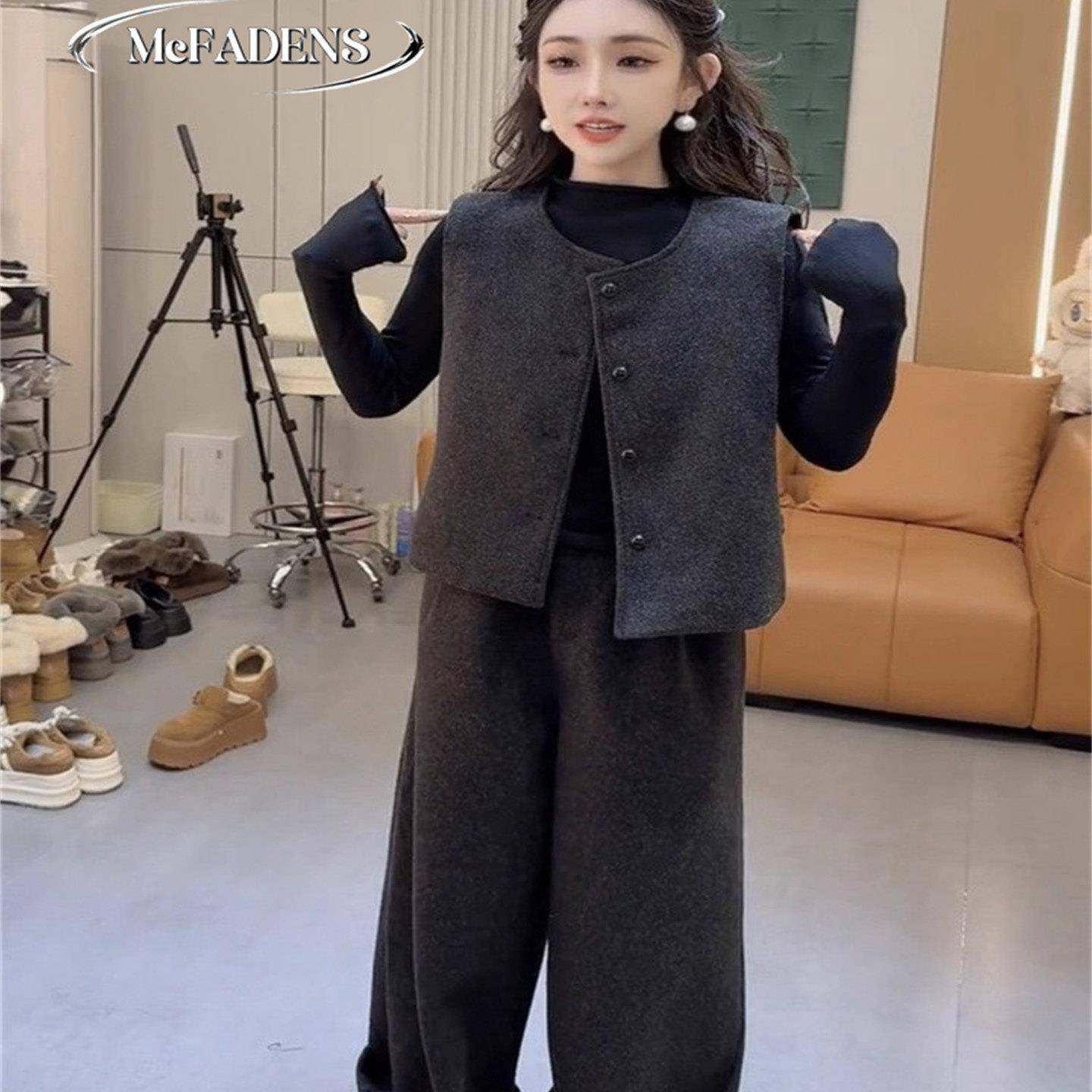 香港冬季新款洋气减龄三件套女毛呢马甲半高领小衫阔腿裤时尚套装,淘宝优惠券,粉丝福利购,淘宝优惠卷