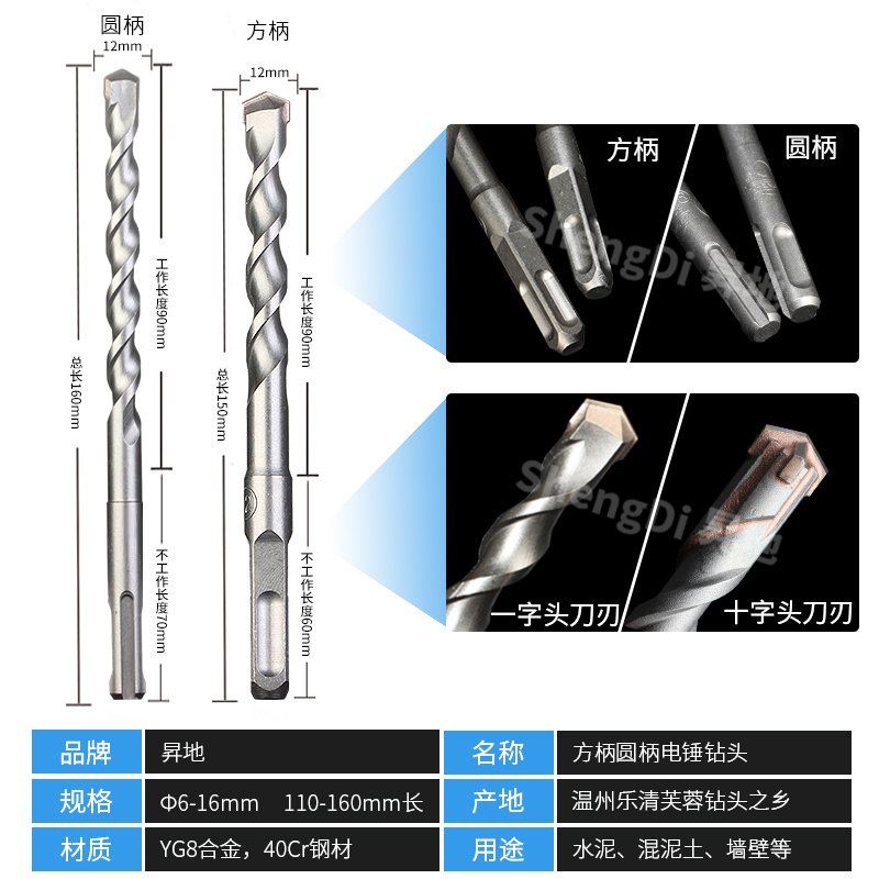 墙壁电锤钻头方头圆柄混凝土水泥石材打孔四坑冲击转6 8 10 12 14