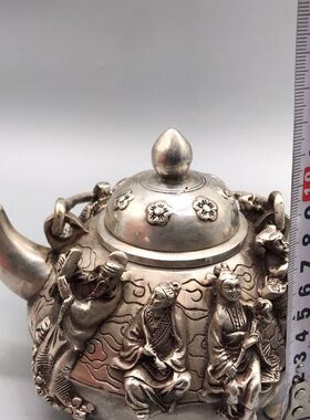 古玩老物件老银八仙高提梁银茶壶精工打造银壶足银壶古董收藏摆件
