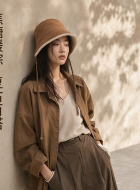 显脸秋冬护耳小百搭新款麂皮绒加绒渔夫帽子保暖女水桶盆帽男防风