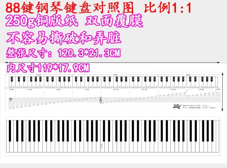 88键便携钢琴键盘图纸初学者指法练习卡手卷琴练五线谱简谱对照表 - 图0