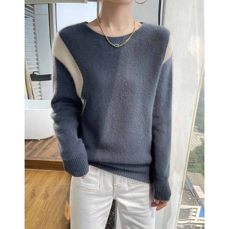 圆领100羊绒衫女秋冬新款拼色显瘦毛衣撞色百搭时尚羊毛针织打底_虎窝淘