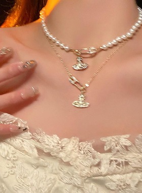 土星项链女星球珍珠别针简约小众颈链配饰轻奢高级感锁骨链ins风