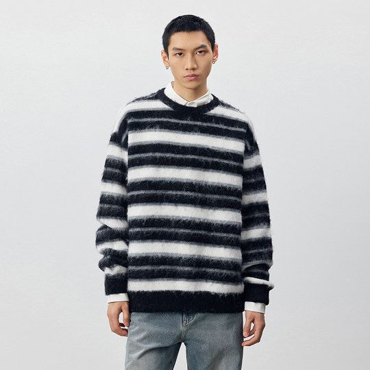 CH丨红色条纹针织衫男秋季新款美式复古宽松慵懒内搭情侣圆领毛衣