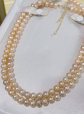 天然淡珍珠项链3-4mm近圆微瑕加美国进口14k包金手工编织珍珠简约