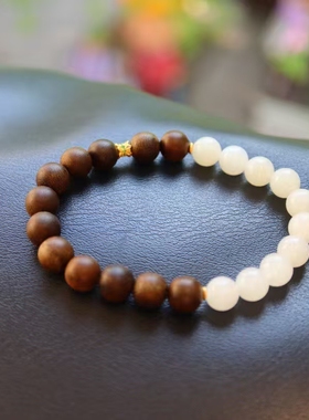 天然和田玉白玉手串8mmDlY天然沉香手链配925银佩珠男女款木珠