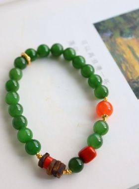 天然和田碧玉手串女款s925银镀8mm圆珠手链转运珠苹果绿