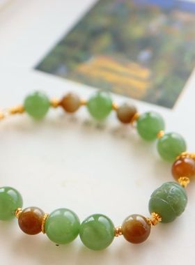 天然和田玉碧玉手串女款10mm圆珠手链转运珠平安祈福925银配饰