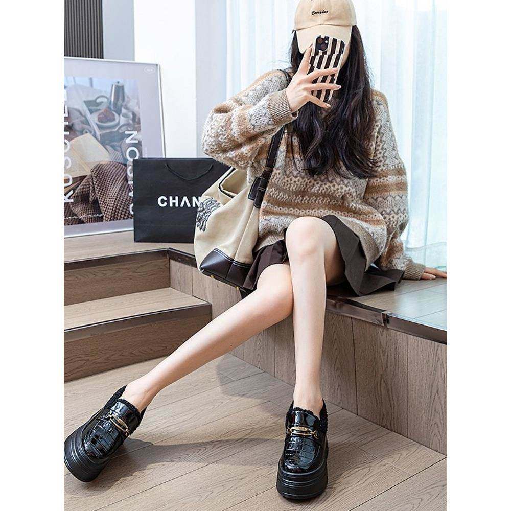 香港厚底乐福鞋女冬季百搭加绒小皮鞋毛毛棉鞋内增高一脚蹬松糕鞋,淘宝优惠券,粉丝福利购,淘宝优惠卷