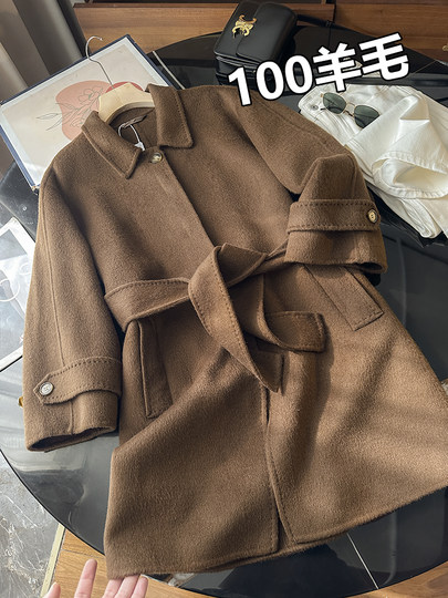 100 wool! love it to death! tobacco brown lapel classic british style belt double woolen coat jacket for women new