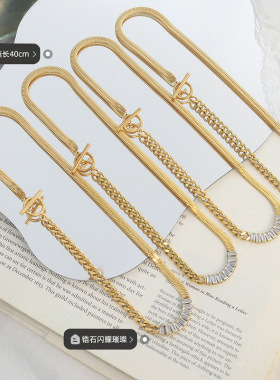 跨境秋冬款轻奢风OT扣锆石拼接项链 钛钢镀18K金锁骨链首饰品P109