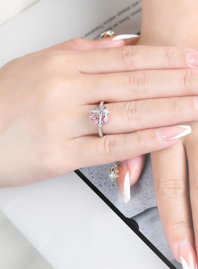 新款轻奢风甜美爱心粉钻心形摩根石钻戒招财黄锆高碳钻蝴蝶结戒指