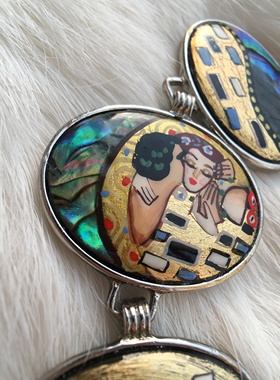 俄进口非遗黑金幻彩绿鲍鱼贝绘画手链牌ot扣独特风格精致百搭礼物