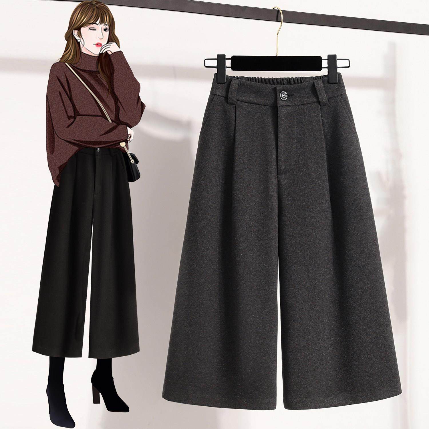 大码黑色加厚毛呢阔腿裤女秋冬巨好看的胖mm高腰显瘦休闲七分裤子,淘宝优惠券,粉丝福利购,淘宝优惠卷