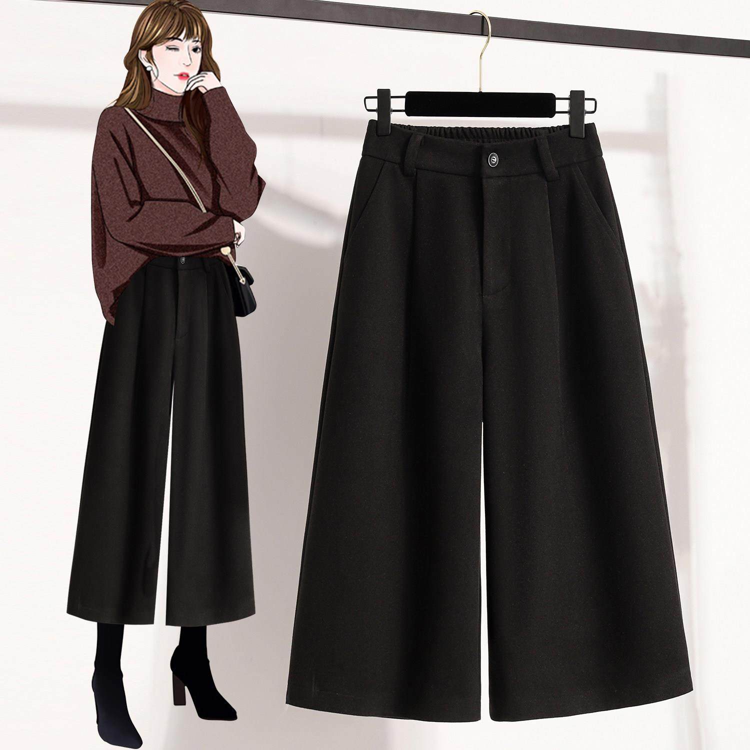 大码黑色加厚毛呢阔腿裤女秋冬巨好看的胖mm高腰显瘦休闲七分裤子,淘宝优惠券,粉丝福利购,淘宝优惠卷