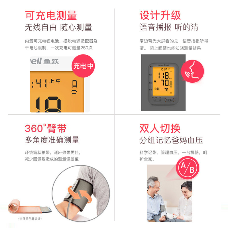 鱼跃语音全自动上臂式高电子血压计 健瑞医疗器械血压计（电子血压计）