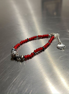 石榴红琉璃珠多形态银珠复古手链