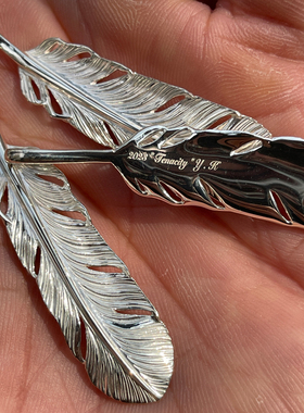 手打立体全银中号羽毛吊坠