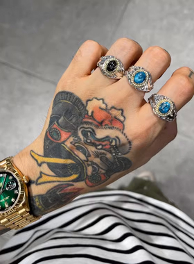 松石3D立体高肉唐草复古银戒指