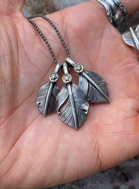 Lucky John日本手打18K金星点金迷你复古印第安925银羽毛吊坠