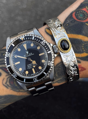 Dear Blossom绚丽霸气 18K金金绳黑星石手打唐草复古全银手镯