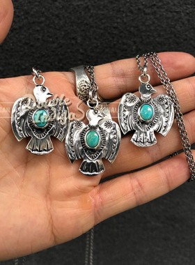 手作印第安太阳图腾松石雷鸟项链