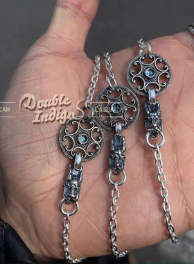 龙头扣托帕石飞轮做旧项链银链