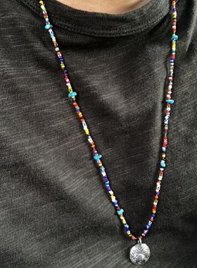 进口古董串珠银牌松石复古项链