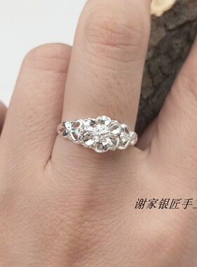 包邮足银女式花戒指99爱心纯银