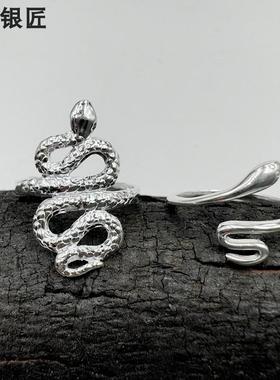 谢家银匠新年新款蛇形小众素圈99足银戒指  开口调节指环戒