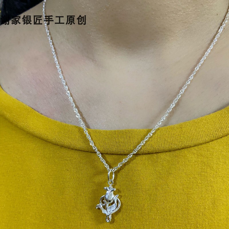 谢家银匠99银玫瑰花项链99足银女白玫瑰项坠链子 - 图1