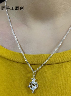 谢家银匠99银玫瑰花项链99足银女白玫瑰项坠链子