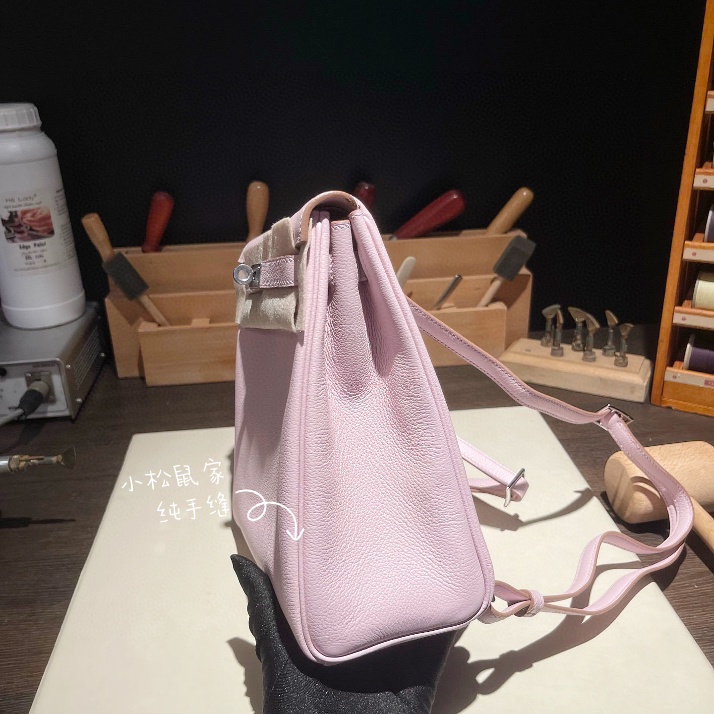 梦幻粉紫色双肩凯莉包KL22ado手工定制蜡线进口EVE皮荔枝牛皮书包-图2