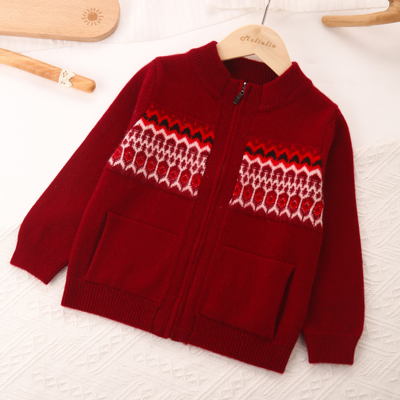 洪叶拉链式加厚外套男童100%山羊绒开衫秋冬中大童针织毛衣新年红,淘宝优惠券,粉丝福利购,淘宝优惠卷