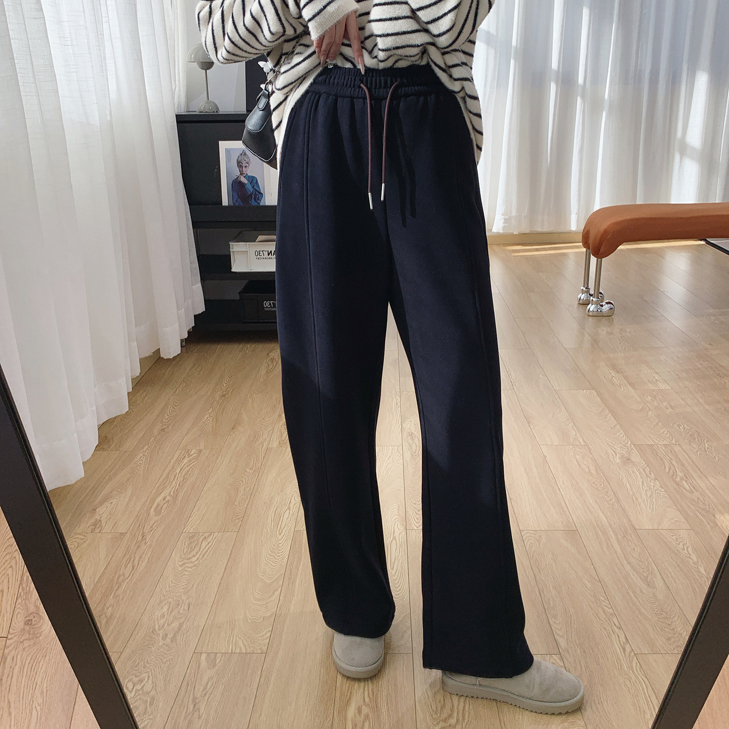 抽绳松紧腰加厚加绒弯刀裤宽松直筒显瘦垂感阔腿休闲裤女冬季裤子,淘宝优惠券,粉丝福利购,淘宝优惠卷