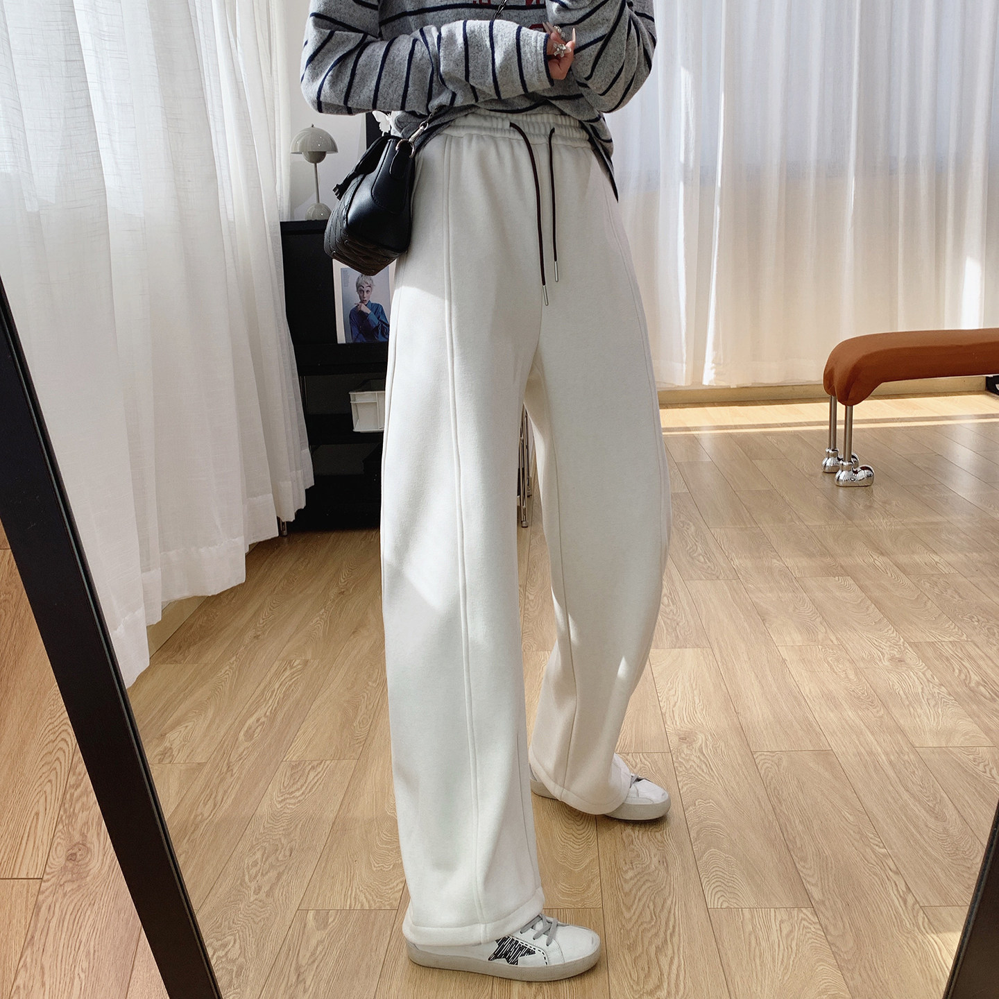 抽绳松紧腰加厚加绒弯刀裤宽松直筒显瘦垂感阔腿休闲裤女冬季裤子,淘宝优惠券,粉丝福利购,淘宝优惠卷