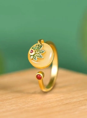 孔雀开屏镶嵌玉髓开口女款戒指可调节时尚精致国潮小众新中式饰品