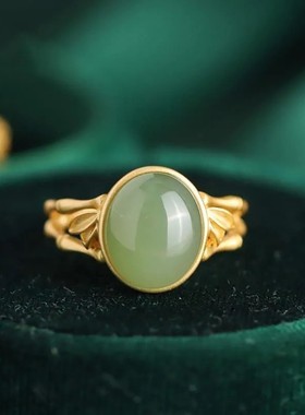 竹节戒清雅气质镀金色活口指环嵌和田玉青玉椭圆形戒指饰品女礼