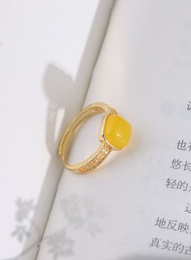 新中式复古镀金方糖戒指女蜜蜡简约几何方形宫廷民族风开口指环