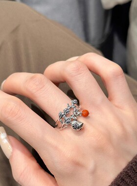 925银玫瑰藤曼叠口小鸟铃铛戒指女复古做旧小众玫瑰花缠绕指百搭