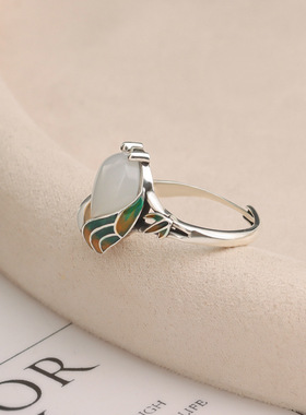 金蝉竹叶戒指女中国风珐琅玛瑙新中式国潮民族风复古知了开口指环