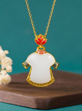 新款复古国朝珐琅彩莲花旗袍旗开得胜吊坠和田玉古法金镶玉项链女