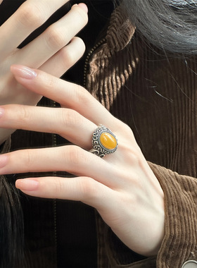 925银蛋形蜜蜡镶嵌花纹做旧开口通用戒指新中式设计复古小众送礼