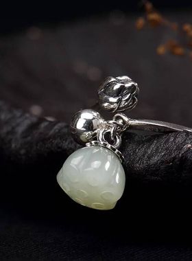 925纯银戒指和田玉莲花文艺复古