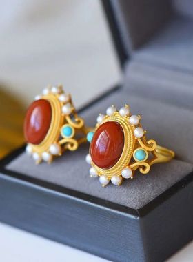 奢美宫廷风新年南红玛瑙戒指925银古法金珍珠绿松石女指环本命年