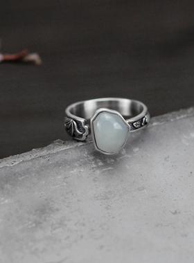 纯银镶玉石手工做旧宫廷开口戒指