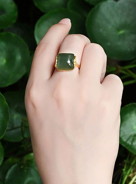 中式古典祥云竹节戒指女古法金如意中国风复古和田玉开口指环