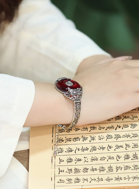 牡丹花平安扣手镯女复古做旧古典手链新中式国风开口手环古风饰品